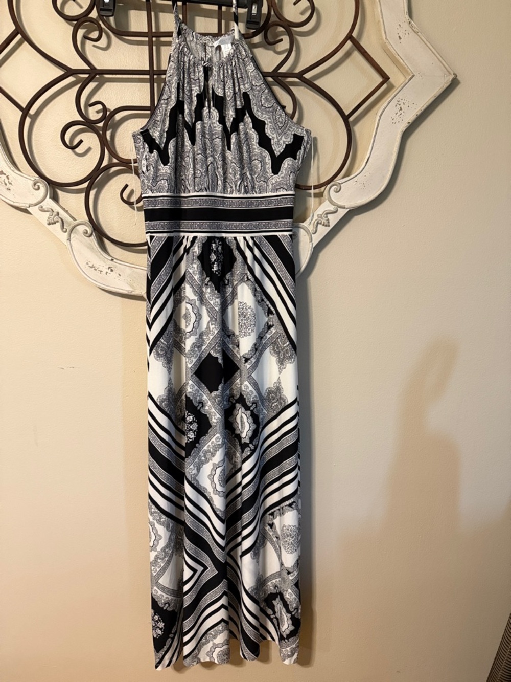 London Times Black and White Paisley Halter Maxi Dress